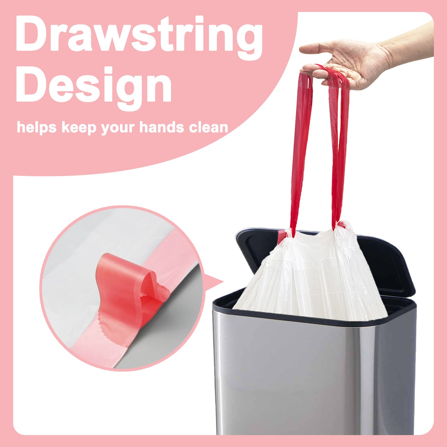 30 Liter Bin Liners 60 Bags, KITBEST Drawstring Bin Bags with Tie Handle, Strong Trash Garbage Rubbish Bags for Bathroom Bedroom Kitchen Office Waste Paper Bin (60cm X 65cm, White)