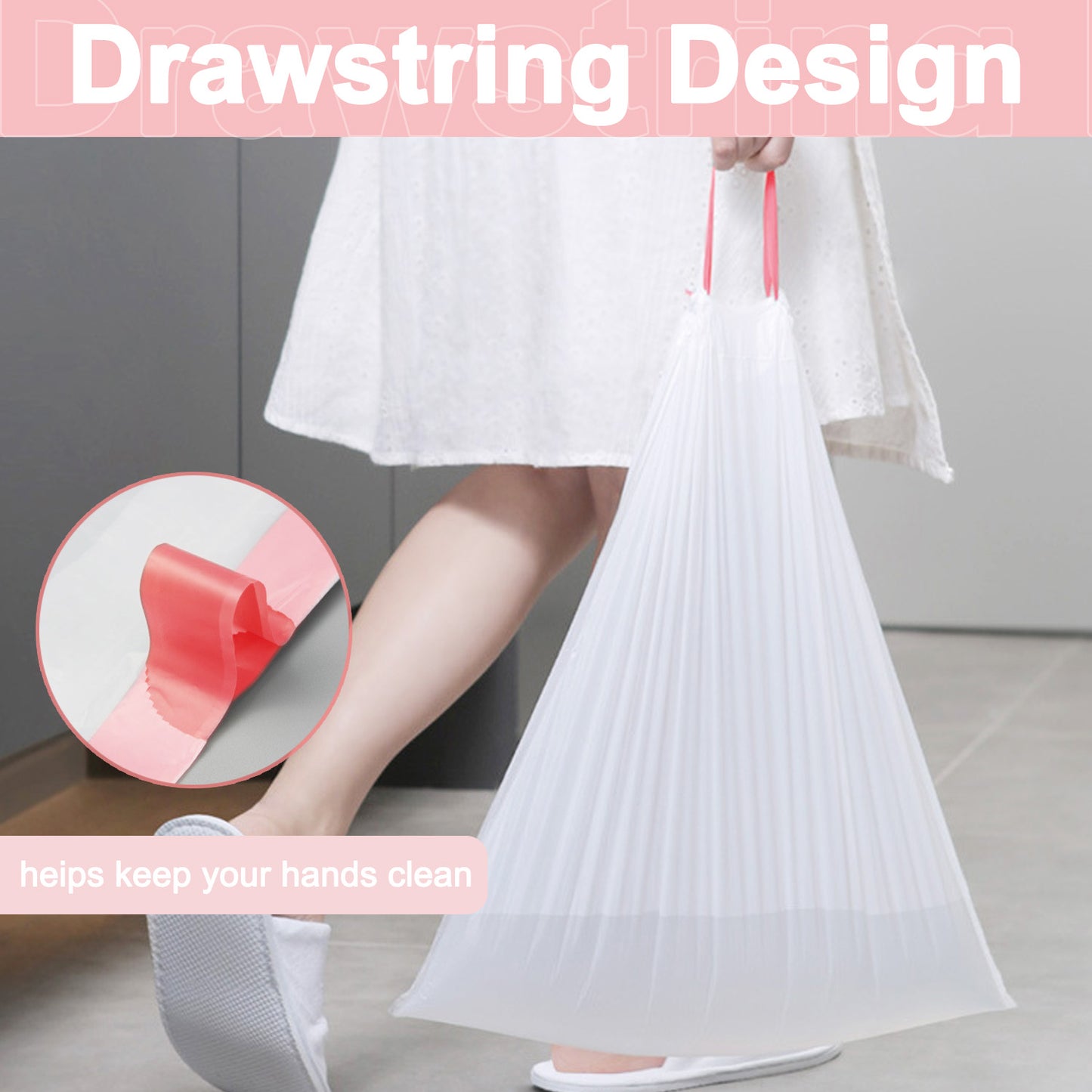 50L Drawstring Bin Bags, KITBEST Heavy Duty Swing Bin Bags with Tie Handle, Large Pedal Trash Garbage Rubbish Bags Kitchen White Plastic Refuse Sacks, Fit for 30-50 Liter Waste Bin, 60 x 77cm