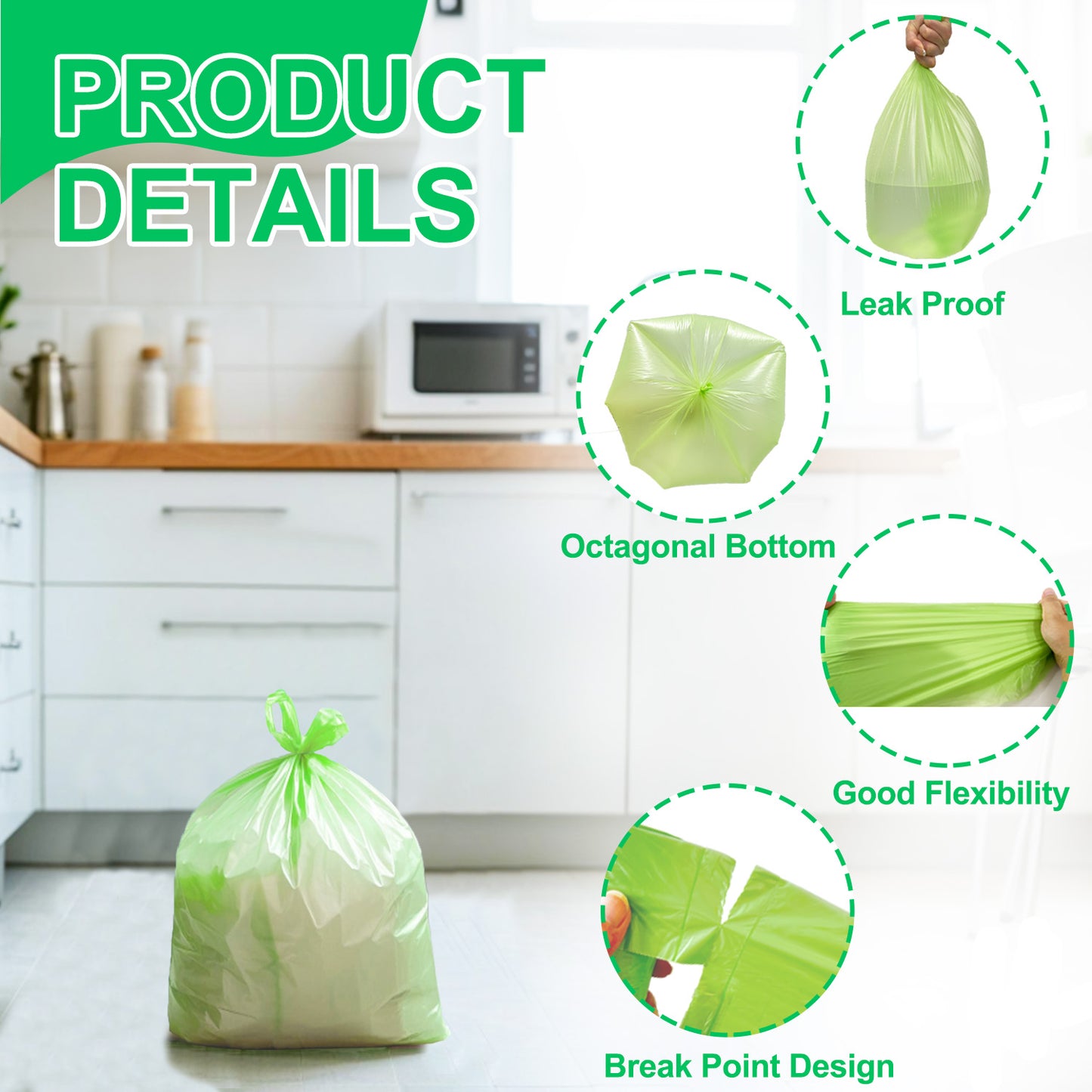 KITBEST 60 Bin Liners 30L, Biodegradable Food Waste Bags with Drawstring Tie Handle, Strong Green Trash Caddy Bag, Compostable Swing Garbage Bags for Bathroom Office Toilet Kitchen (60x75cm)