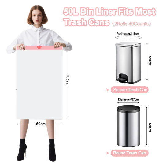 50L Drawstring Bin Bags, KITBEST Heavy Duty Swing Bin Bags with Tie Handle, Large Pedal Trash Garbage Rubbish Bags Kitchen White Plastic Refuse Sacks, Fit for 30-50 Liter Waste Bin, 60 x 77cm