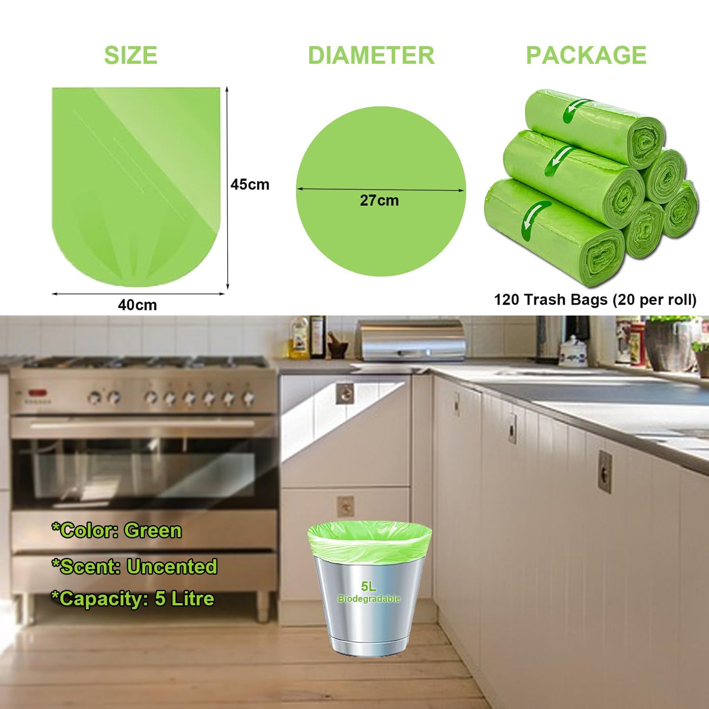 KITBEST Bin Liners, 5 Litre x 120 Small Recycling 1.2 Gallon Bin Bags, 5L Biodegradable Food Waste Bags Compost Compostable Rubbish Garbage Trash Bags Food Caddy Bags for Kitchen Office, 40 x 45cm