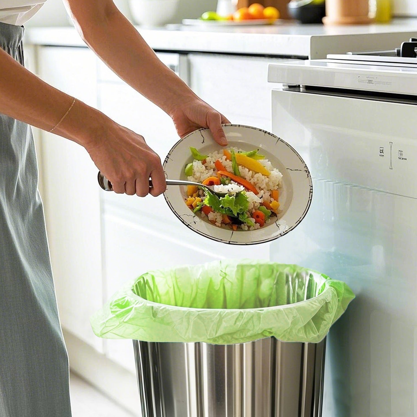 KITBEST 60 Bin Liners 30L, Biodegradable Food Waste Bags with Drawstring Tie Handle, Strong Green Trash Caddy Bag, Compostable Swing Garbage Bags for Bathroom Office Toilet Kitchen (60x75cm)