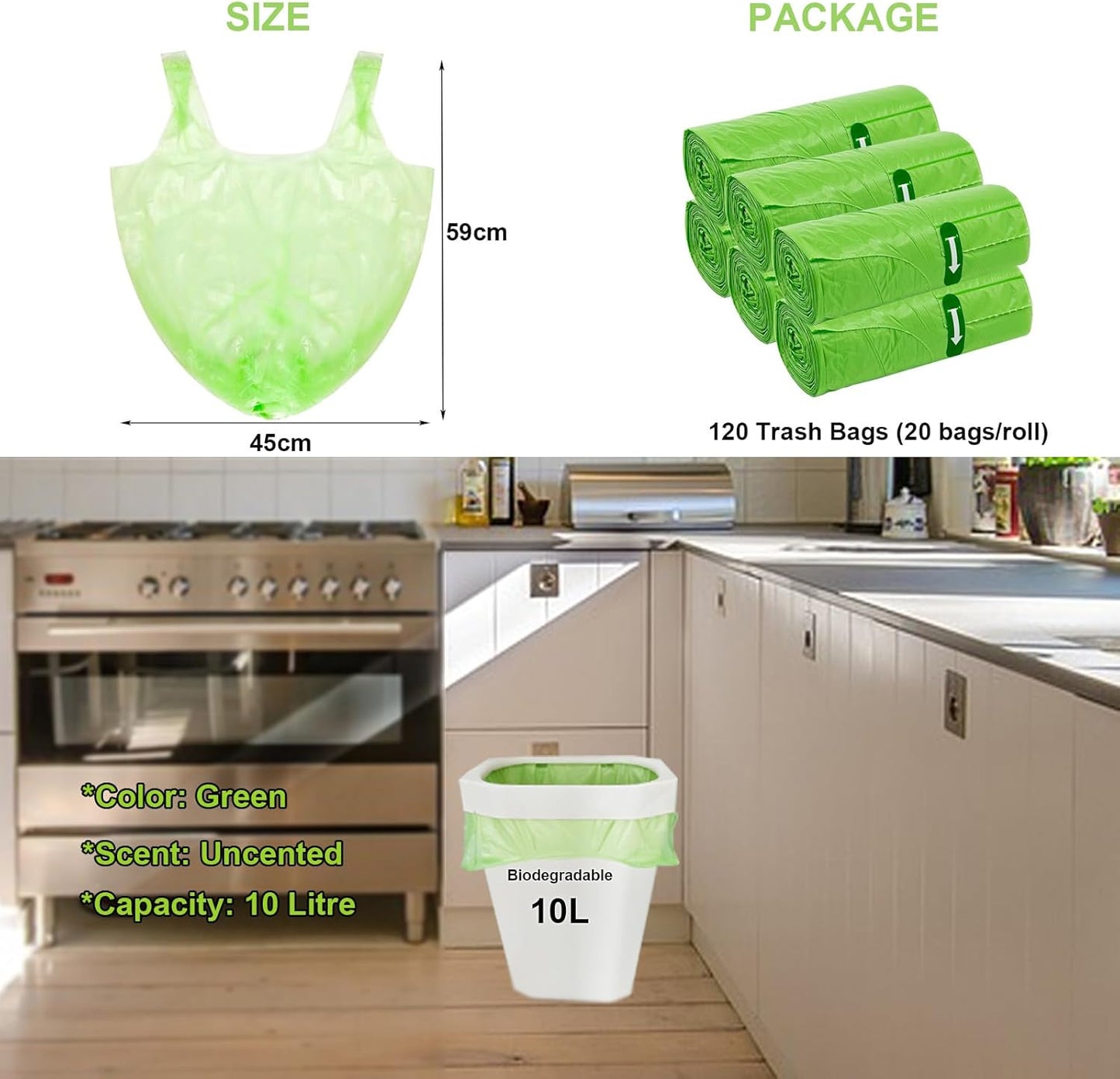 Biodegradable Bin Bags Liners 120PCS, 10L Small Food Waste Trash Bags with Handle, KITBEST Green Caddy Liner Pedal, Compostable Swing Garbage Bag Bathroom Office Toilet Kitchen (45x59cm)