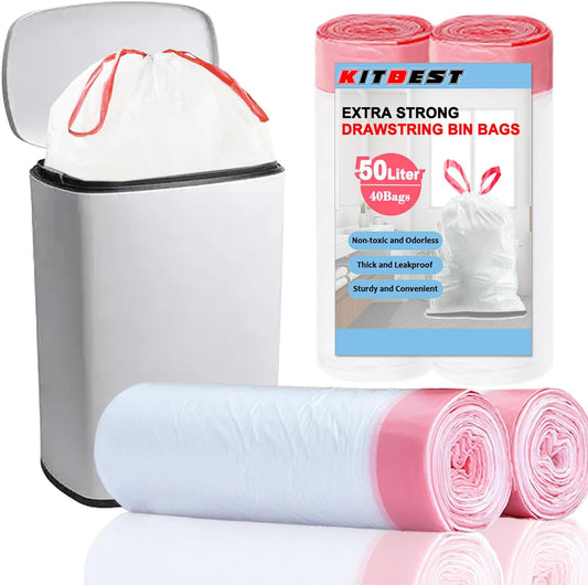 50L Drawstring Bin Bags, KITBEST Heavy Duty Swing Bin Bags with Tie Handle, Large Pedal Trash Garbage Rubbish Bags Kitchen White Plastic Refuse Sacks, Fit for 30-50 Liter Waste Bin, 60 x 77cm