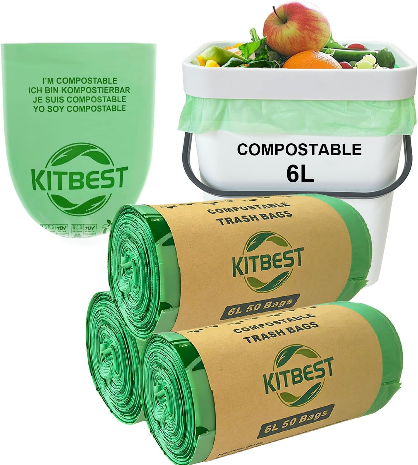 KITBEST Compostable Food Waste Bags 6L 150 Biodegradable Bin Liners with EN13432 Certification, Home Compost Kitchen Caddy Trash Waste Garbage Bags