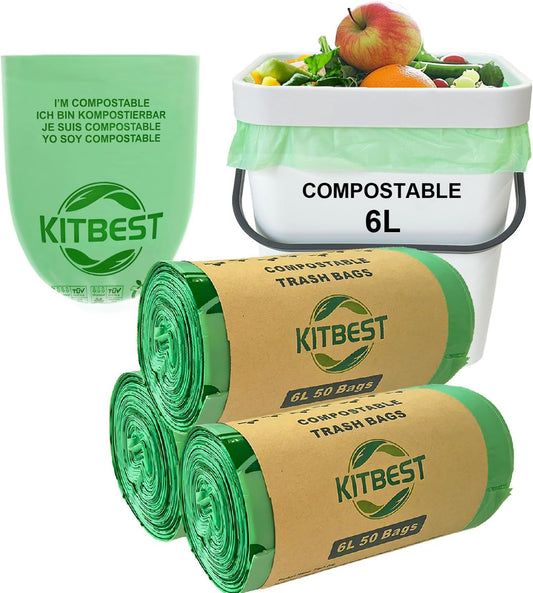 KITBEST Compostable Food Waste Bags 6L 150 Biodegradable Bin Liners with EN13432 Certification, Home Compost Kitchen Caddy Trash Waste Garbage Bags
