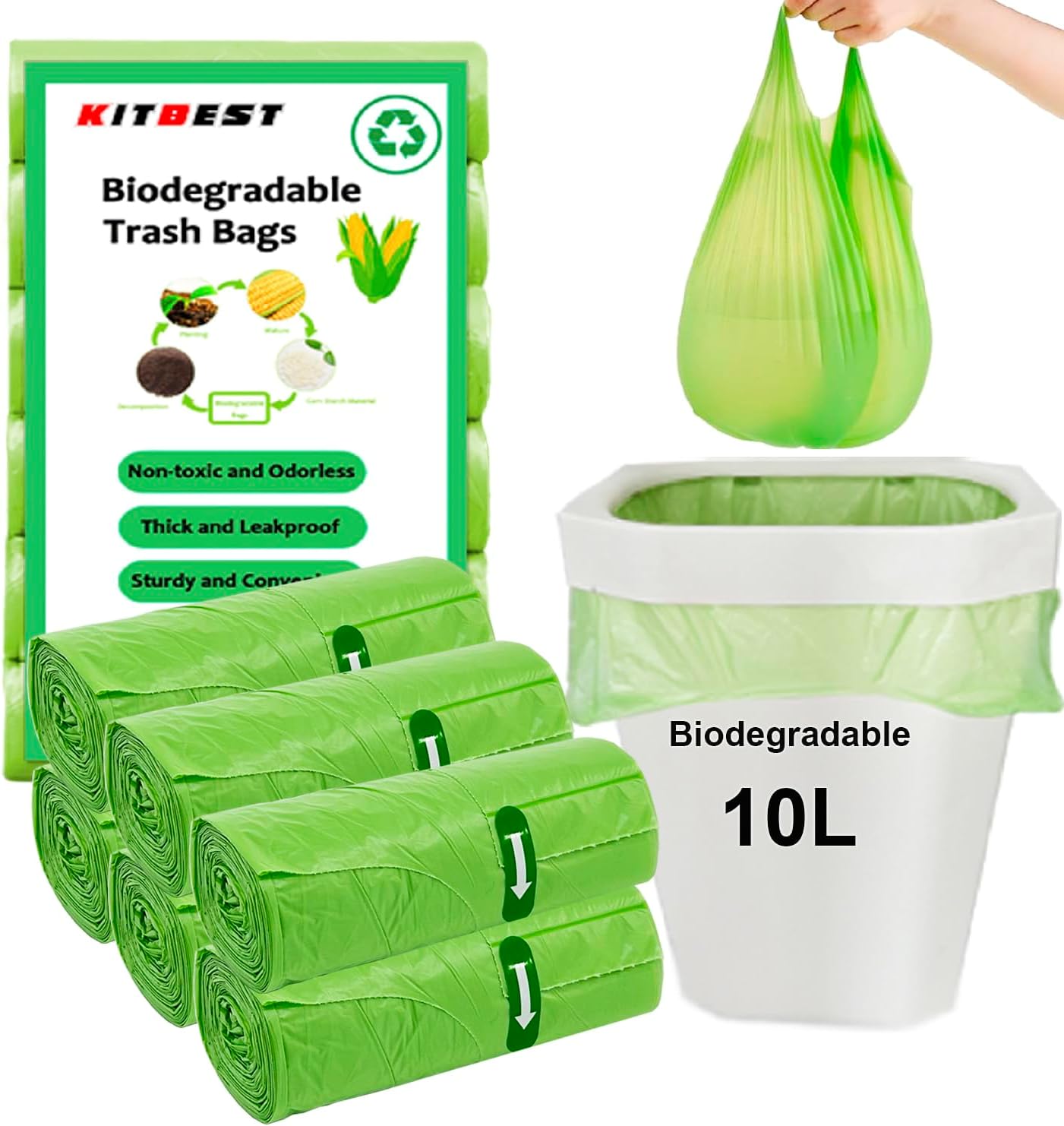 Biodegradable Bin Bags Liners 120PCS, 10L Small Food Waste Trash Bags with Handle, KITBEST Green Caddy Liner Pedal, Compostable Swing Garbage Bag Bathroom Office Toilet Kitchen (45x59cm)