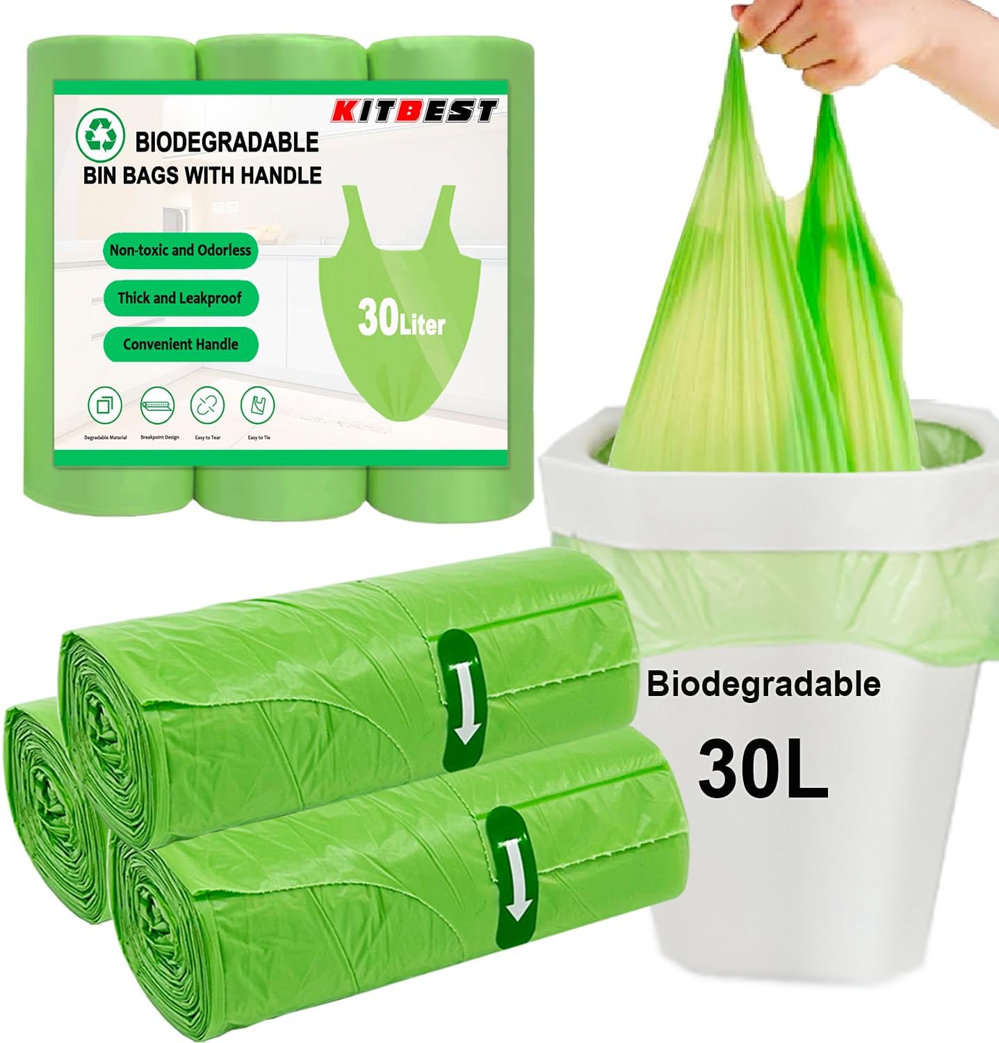 KITBEST 60 Bin Liners 30L, Biodegradable Food Waste Bags with Drawstring Tie Handle, Strong Green Trash Caddy Bag, Compostable Swing Garbage Bags for Bathroom Office Toilet Kitchen (60x75cm)