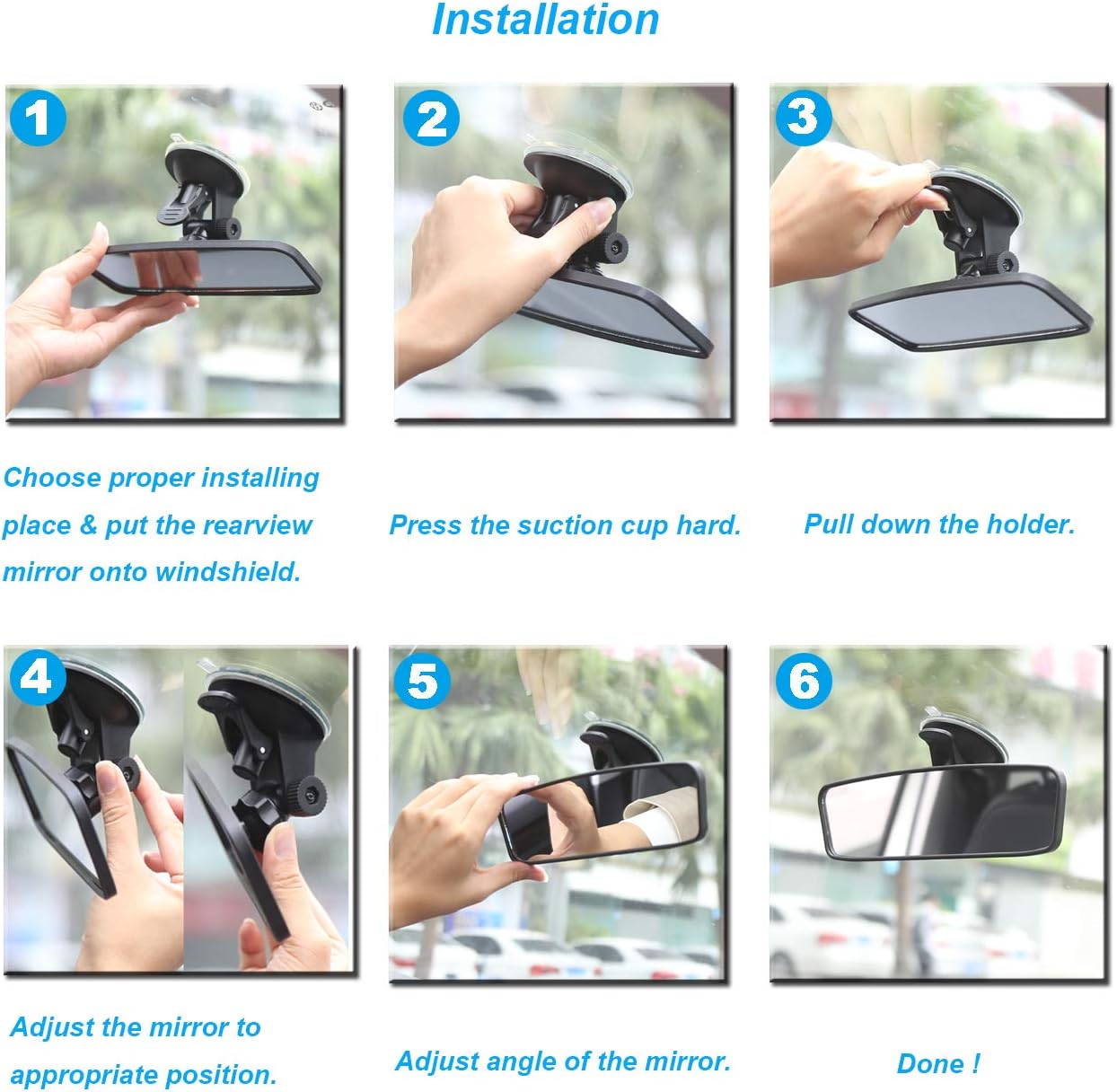 KITBEST Rear View Mirror, Rearview Mirror with Suction Cup, Universal Car Interior Rear View Mirror (360 Degree Adjustable Angle), Wide Angle Car Mirror (Bonus 2 PCS Blind Spot Mirrors)