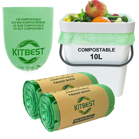 Compostable Food Waste Bags 10L, KITBEST Biodegradable Bin Liners with EN13432 Home Certification Home Compost Kitchen Caddy Trash Waste Garbage Bags
