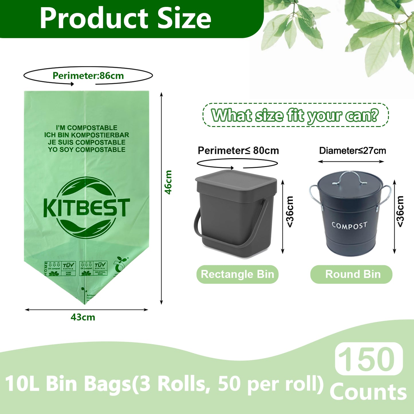 KITBEST 10L Compostable Bin Liners 150 Food Waste Bags, Biodegradable Green Caddy Liner with EN13432 Certification, Home Compost Kitchen Trash Waste Garbage Bin Bags Small
