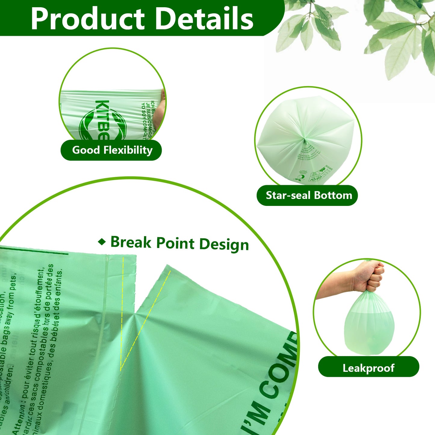 KITBEST 10L Compostable Bin Liners 150 Food Waste Bags, Biodegradable Green Caddy Liner with EN13432 Certification, Home Compost Kitchen Trash Waste Garbage Bin Bags Small