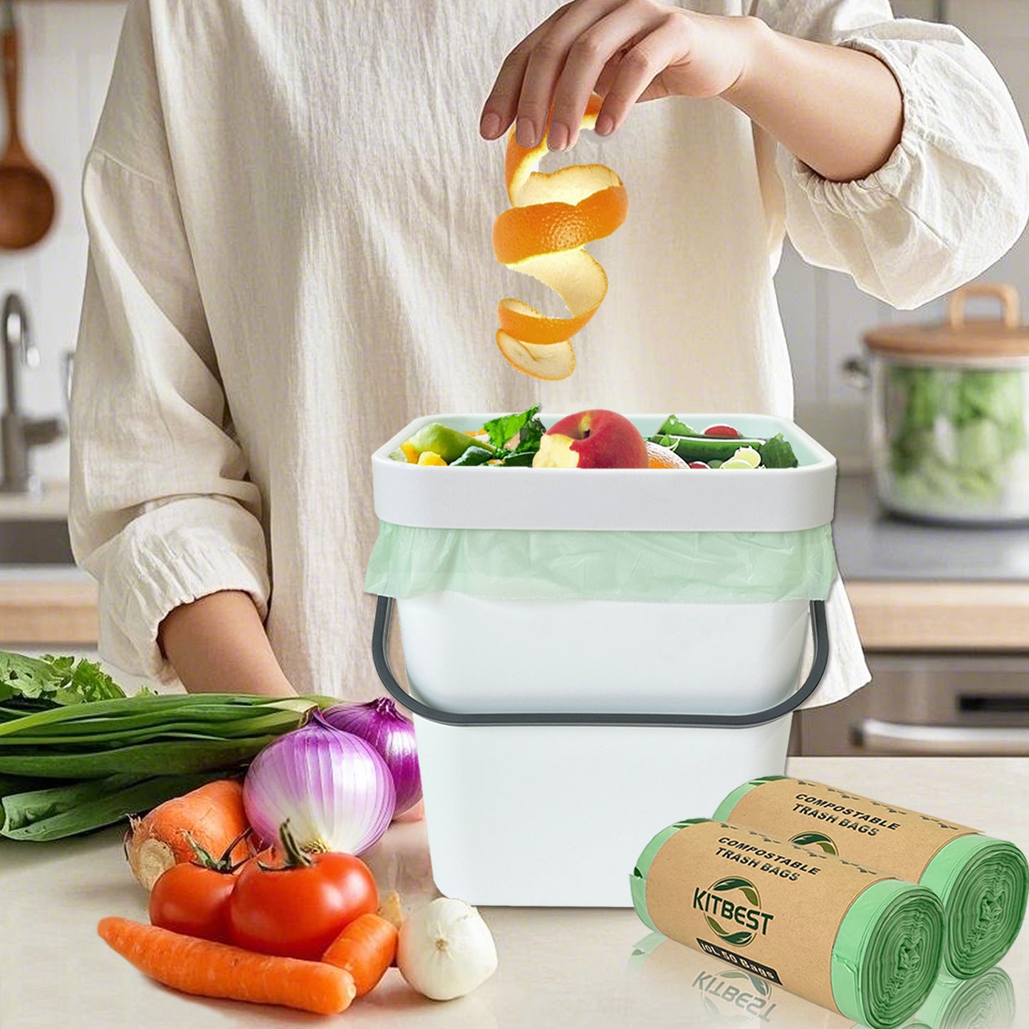 Compostable Food Waste Bags 10L, KITBEST Biodegradable Bin Liners with EN13432 Home Certification Home Compost Kitchen Caddy Trash Waste Garbage Bags