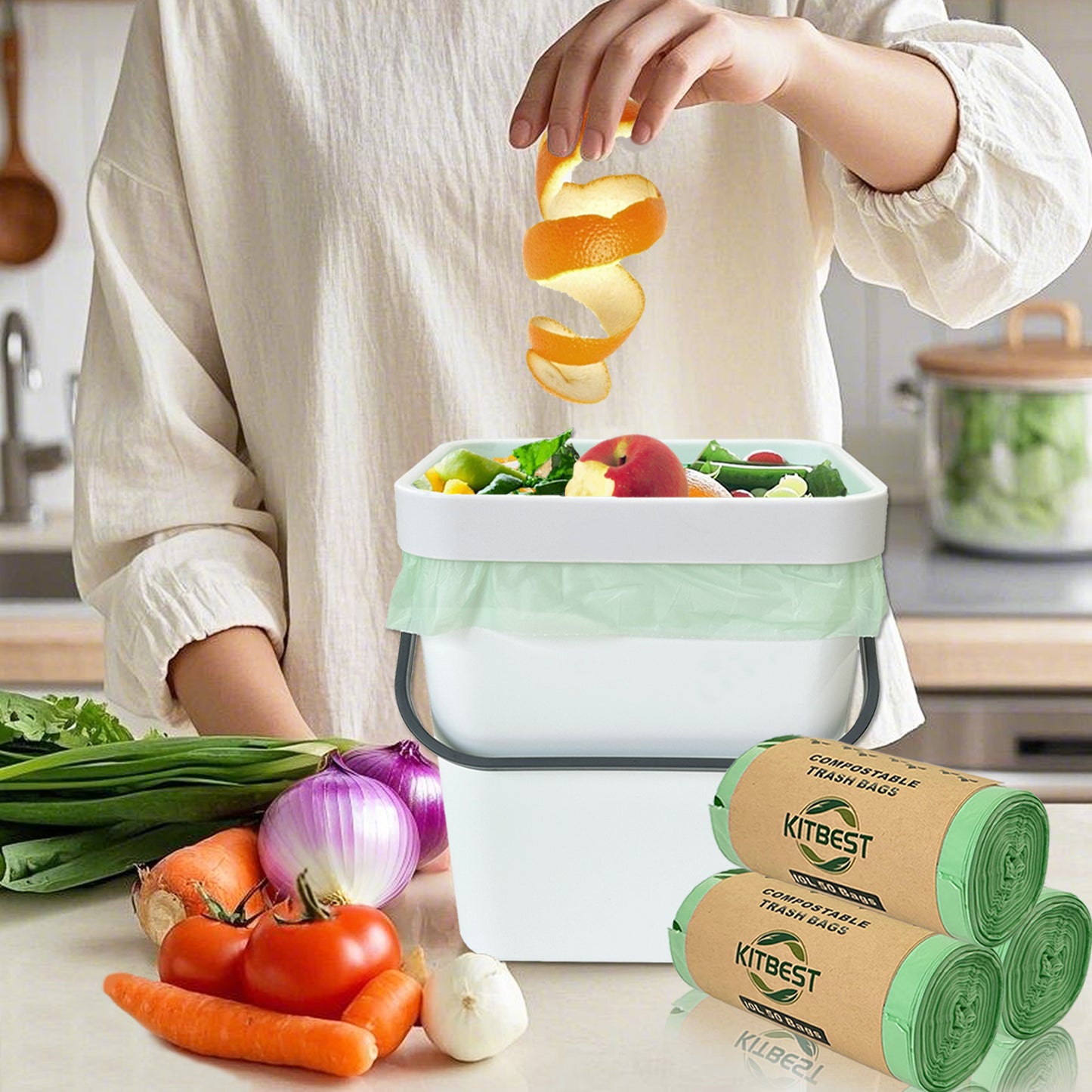 KITBEST 10L Compostable Bin Liners 150 Food Waste Bags, Biodegradable Green Caddy Liner with EN13432 Certification, Home Compost Kitchen Trash Waste Garbage Bin Bags Small
