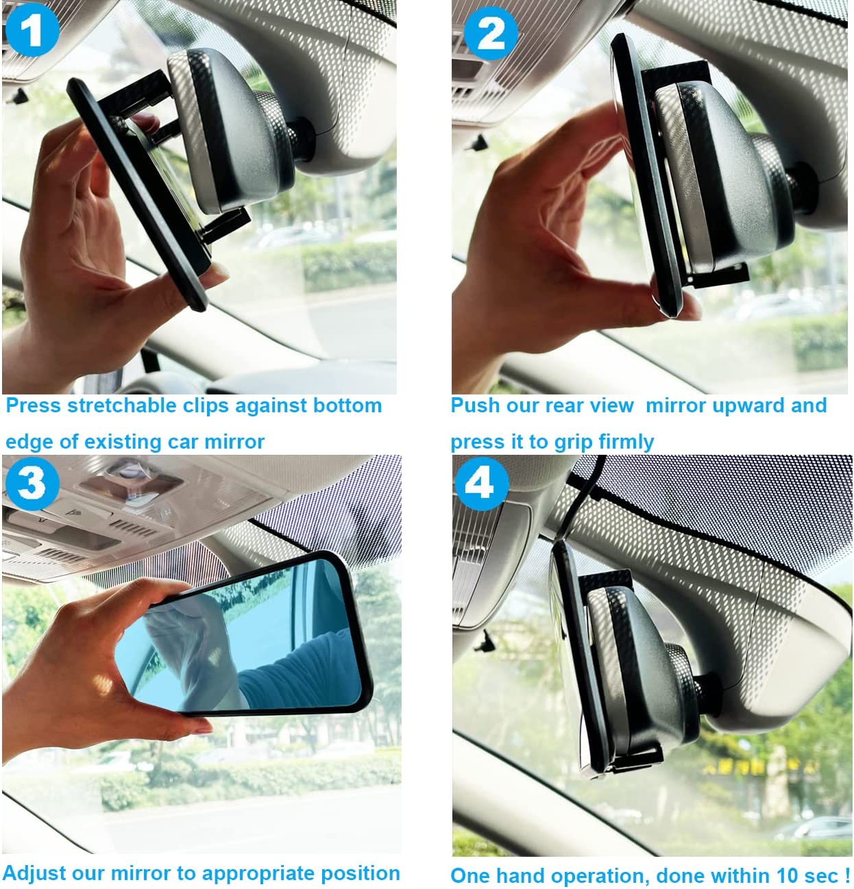 Kitbest Anti-Glare Rearview Mirror, Clip-On - Wide Angle - Panoramic - Convex - Universal For Car SUV Trucks - Blue